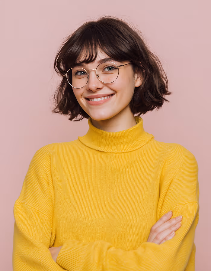 Une femme en tenue décontractée qui sourit, image de talents accessibles et d’un recrutement chaleureux.