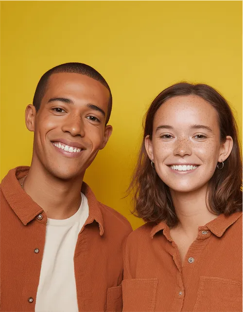Un homme et une femme souriants côte à côte, image de bonnes relations au travail et de recrutements réussis.