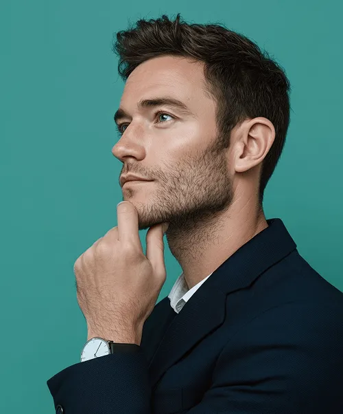 Un homme en tenue professionnelle, la main sur le menton, l’air sérieux, image de réflexion stratégique et de leadership dans les décisions de recrutement.