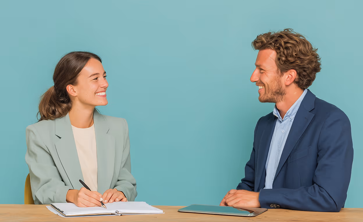 Un homme et une femme en tenue professionnelle en pleine discussion d’affaires, image d’une négociation réussie et de décisions RH stratégiques.