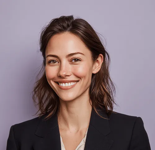 Une femme en tenue formelle au sourire assuré, image de professionnalisme et de confiance dans les services de recrutement.
